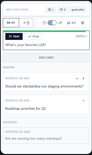 Meet for Coffee open in the Google Meet sidebar, showing the current topic, votes, and the agenda board
